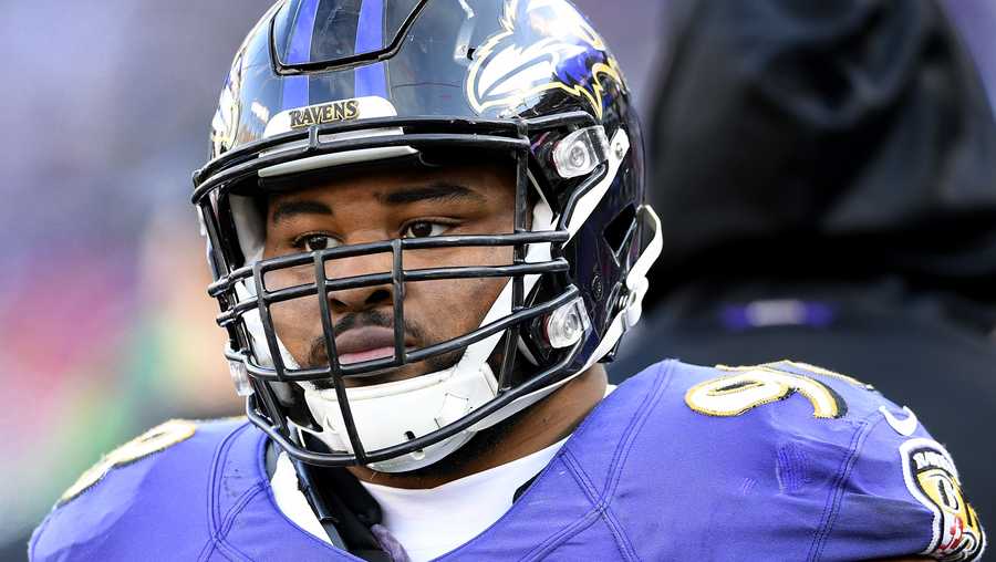 Baltimore Ravens defensive end Brandon Williams walks on the sideline in the first half of an NFL wild card playoff football game against the Los Angeles Chargers, Sunday, Jan. 6, 2019, in Baltimore. (AP Photo/Nick Wass)
