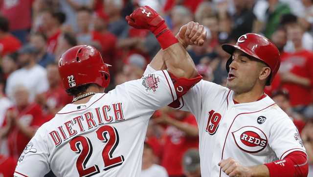 Cincinnati Reds' Derek Dietrich (22) celebrates his three-run home