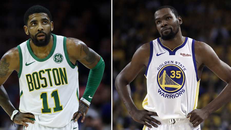 FILE - At left, in a March 20, 2019, file photo, Boston Celtics' Kyrie Irving is shown during an NBA basketball game against the Philadelphia 76ers in Philadelphia. At right, in a May 8, 2019, file photo,  Golden State Warriors' Kevin Durant is shown during the first half of Game 5 of the team's second-round NBA basketball playoff series against the Houston Rockets in Oakland, Calif. 