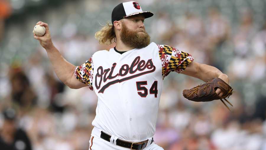 Baltimore Orioles starting pitcher Andrew Cashner delivers a pitch during a baseball game against the Cleveland Indians, Saturday, June 29, 2019, in Baltimore. (AP Photo/Nick Wass)