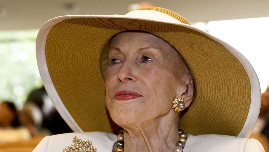 In this Aug. 3, 2018 photo, Marylou Whitney is seen at the National Museum of Racing and Hall of Fame in Saratoga Springs, N.Y. Philanthropist, socialite and horse-racing enthusiast Marylou Whitney, known as the "Queen of Saratoga," has died at her Saratoga Springs estate after a long illness. She was 93. The New York Racing Association announced Whitney&apos;s death on Friday, July 19, 2019 at Saratoga Race Course. (AP Photo/Hans Pennink)