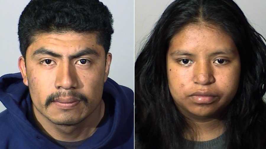 This undated photo combo provided Friday, July 19, 2019, by the Oxnard Police Department shows suspects, David Villa, 21, left, and Andrea Torralba, 20. The young couple has been arrested on suspicion of strangling their newborn to death at a Southern California hospital. Police in Oxnard said the pair notified the staff at St. John's Medical Center Friday that their hours-old son was unresponsive. The staff tried unsuccessfully to revive the infant, and determined he was strangled until he was unconscious. When questioned, police said the couple told detectives they didn't want the baby. (Oxnard Police Department via AP)