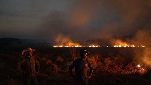Neri dos Santos Silva, center, watches an encroaching fire threat after digging trenches to keep the flames from spreading to the farm he works on, in the Nova Santa Helena municipality, in the state of Mato Grosso, Brazil, Friday, Aug. 23, 2019. Under increasing international pressure to contain fires sweeping parts of the Amazon, Brazilian President Jair Bolsonaro on Friday authorized use of the military to battle the massive blazes.