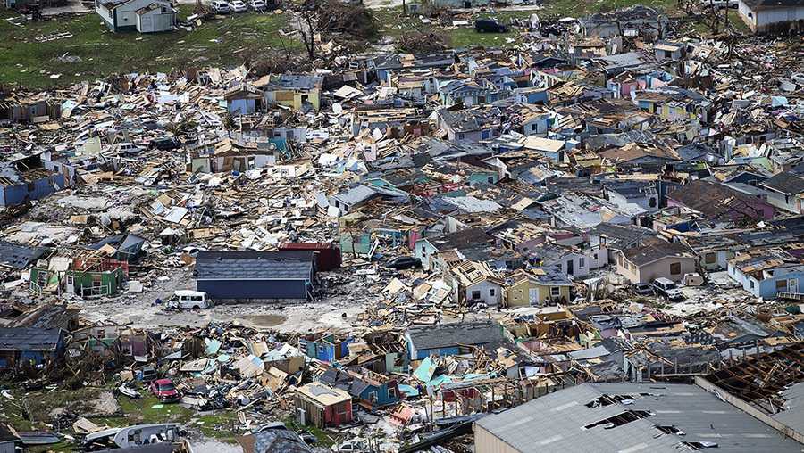 This photo shows destruction from Hurricane Dorian at Marsh Harbour in Great Abaco Island, the Bahamas, Wednesday, Sept. 4, 2019. (Al Diaz/Miami Herald via AP)