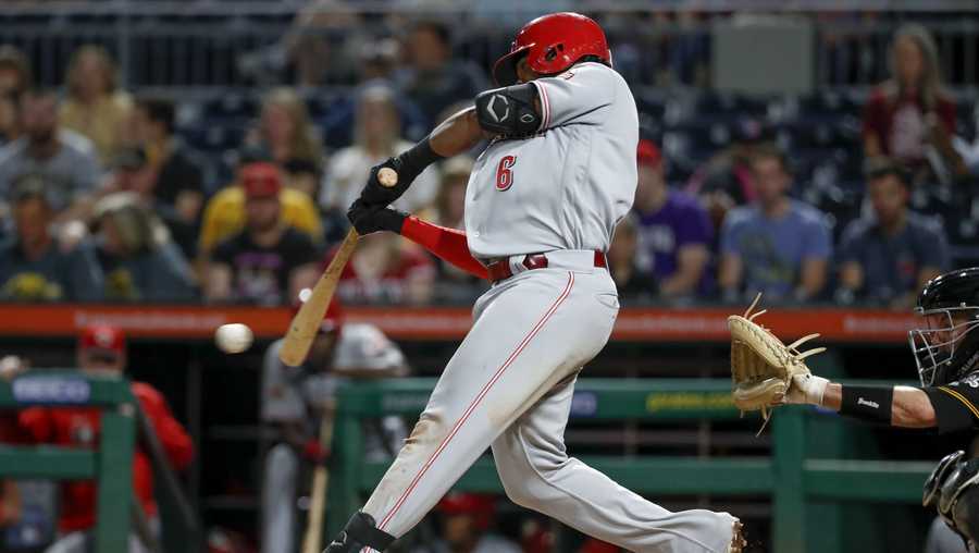 Cincinnati Reds' Phillip Ervin drives in two runs with a single in the fifth inning of a baseball game against the Pittsburgh Pirates, Friday, Sept. 27, 2019, in Pittsburgh. (AP Photo/Keith Srakocic)