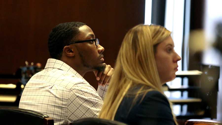In this Wednesday, Oct. 23, 2019 photo, defendant Khalil Wheeler-Weaver listens to opening arguments during his triple murder trial in Newark, N.J. Wheeler-Weaver is charged with strangling and asphyxiating three women in the fall of 2016. He’s also accused in the attempted murder of a fourth woman. (George McNish/NJ Advance Media via AP, Pool)