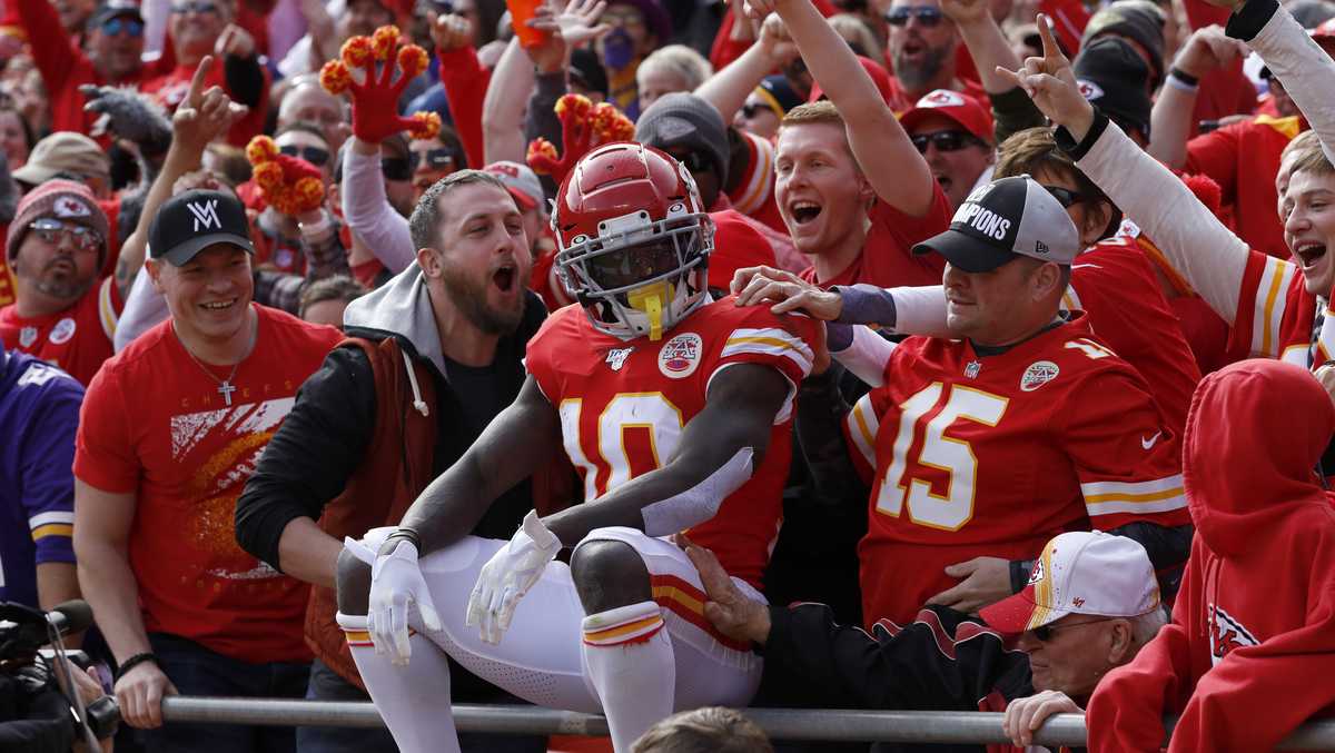 Kansas City Chiefs' Tyreek Hill (10) celebrates during the second half of  the NFL Super Bowl 54 …