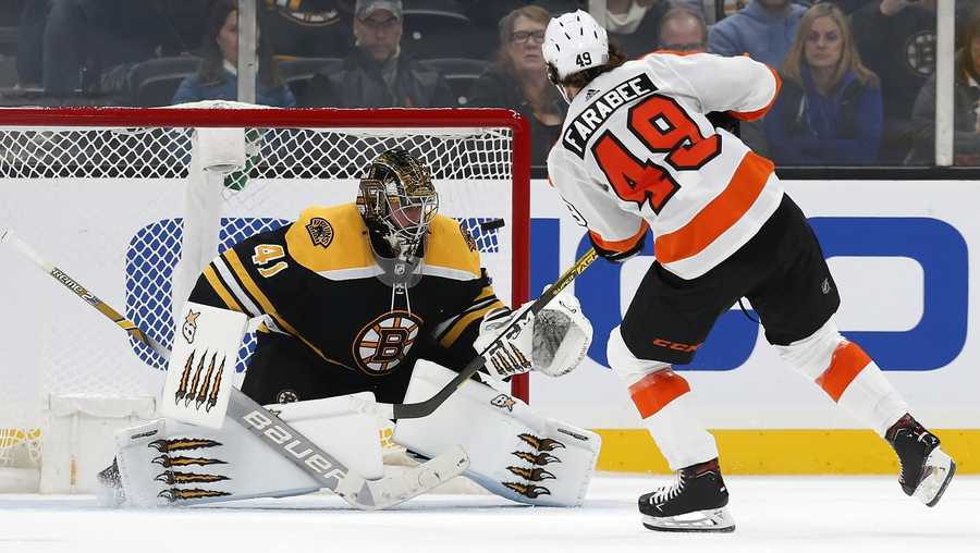 Philadelphia Flyers' Joel Farabee (49) scores on Boston Bruins' Jaroslav Halak (41) during the shootout in an NHL hockey game in Boston, Sunday, Nov. 10, 2019. (AP Photo/Michael Dwyer)