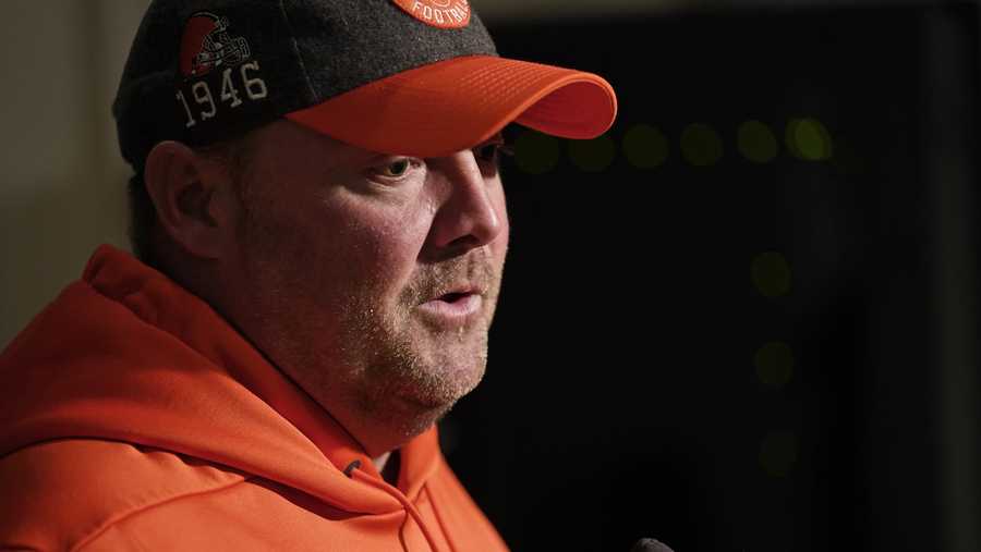 Cleveland Browns head coach Freddie Kitchens answers questions during a news conference after the Bengals defeated the Cleveland Browns 33-23 in an NFL football game, Sunday, Dec. 29, 2019, in Cincinnati. (AP Photo/Bryan Woolston)