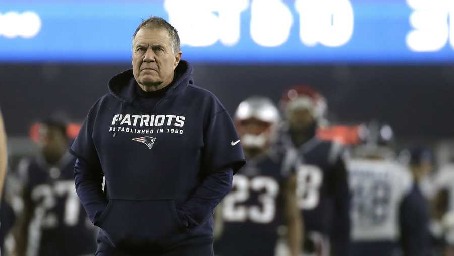New England Patriots head coach Bill Belichick watches his team warm up before an NFL wild-card playoff football game against the Tennessee Titans, Saturday, Jan. 4, 2020, in Foxborough, Mass. (AP Photo/Elise Amendola)