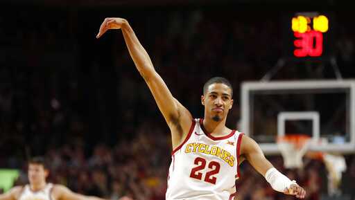 Iowa State guard Tyrese Haliburton reacts after making a 3-point basket during the first half of the team&apos;s NCAA college basketball game against Kansas State on Saturday, Feb. 8, 2020, in Ames, Iowa. (AP Photo/Matthew Putney)