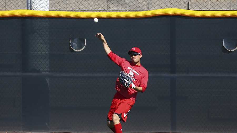 Cincinnati Reds center fielder Shogo Akiyama, of Japan, throws a ball from the outfield during spring training baseball workouts Monday, Feb. 17, 2020, in Goodyear, Ariz. (AP Photo/Ross D. Franklin)