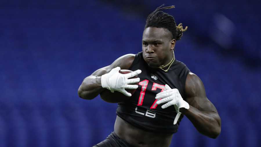 Mississippi State linebacker Willie Gay Jr. runs a drill at the NFL football scouting combine in Indianapolis, Saturday, Feb. 29, 2020. (AP Photo/Michael Conroy)