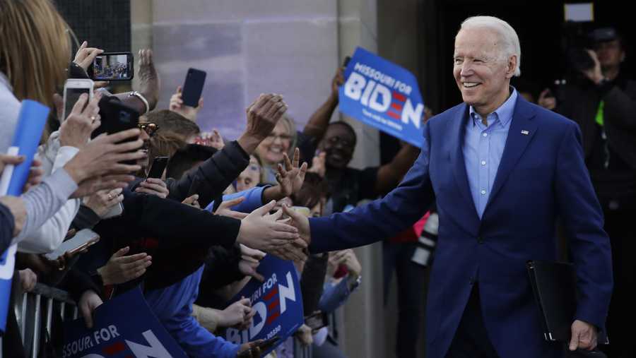 Democratic presidential candidate, former Vice President Joe Biden greets the crowd during a campaign rally Saturday, March 7, 2020, in Kansas City, Mo. (AP Photo/Charlie Riedel)