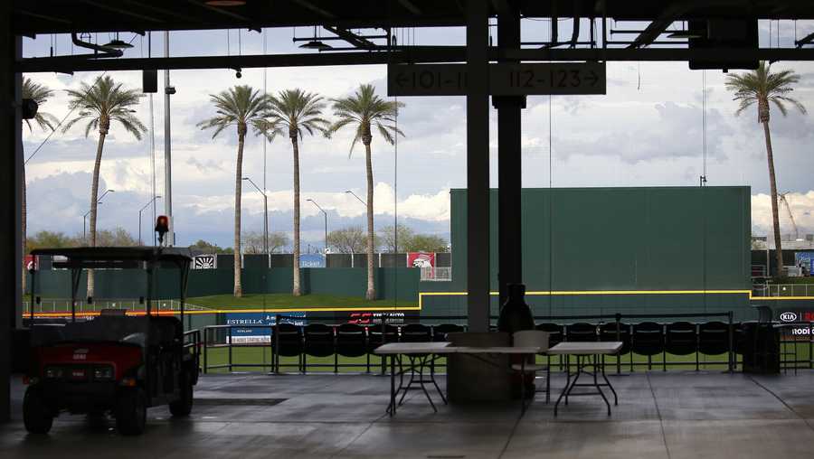 A closed Goodyear Ballpark, spring training home of the Cleveland Indians and Cincinnati Reds baseball teams, is empty Thursday, March 12, 2020, in Goodyear, Ariz. Major League Baseball has suspended the rest of its spring training game schedule because if the coronavirus outbreak. MLB is also delaying the start of its regular season by at least two weeks. (AP Photo/Ross D. Franklin)