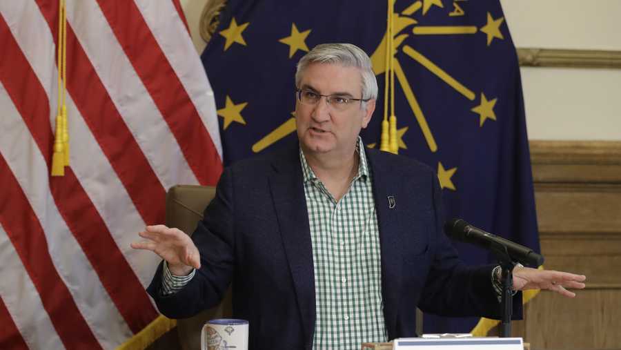indiana gov eric holcomb prepares to host a virtual media briefing in the governors office at the statehouse to provide updates on covid 19 and its impact on indiana, wednesday, april 29, 2020, in indianapolis  ap photodarron cummings