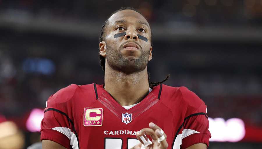 Arizona Cardinals wide receiver Larry Fitzgerald (11) rests during an NFL game against the New York Jets on Monday, Oct. 17, 2016, in Glendale, Ariz. The Cardinals won the game, 28-3. (Arizona Cardinals wide receiver Larry Fitzgerald (11) rests during an NFL game against the New York Jets on Monday, Oct. 17, 2016, in Glendale, Ariz.