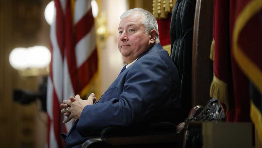 FILE - In this Wednesday, Oct. 30, 2019, file photo, Republican Ohio state Rep. Larry Householder, of District 72, sits at the head of a legislative session as Speaker of the House, in Columbus. The House is prepared to take a vote Thursday, July 30, 2020 that could remove Householder, who is accused in a $60 million federal bribery probe, from his leadership position. (AP Photo/John Minchillo, File)