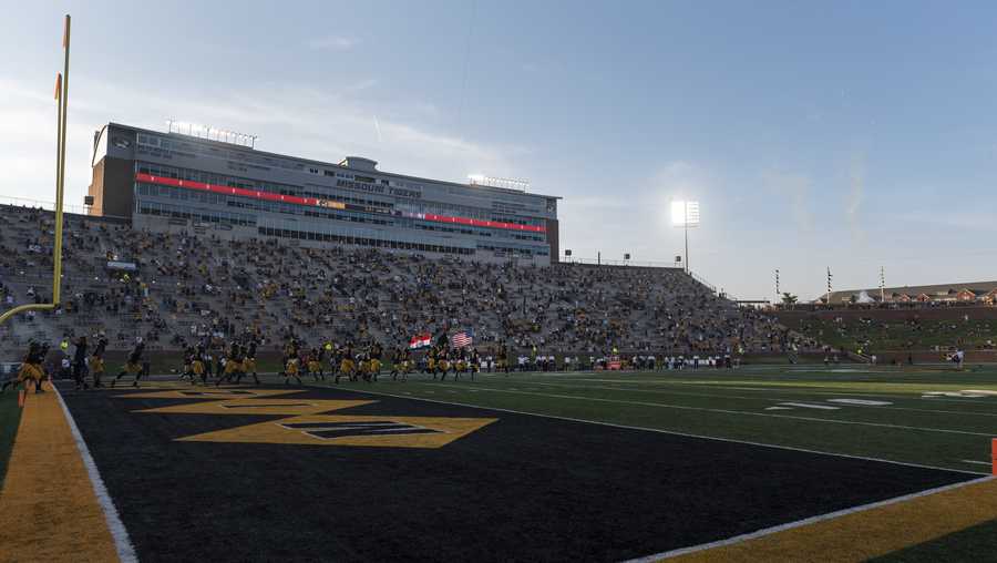 A socially distant crowd at Memorial Stadium watches Missouri take the field before the start of an NCAA college football game against Alabama, Saturday, Sept. 26, 2020, in Columbia, Mo. (AP Photo/L.G. Patterson)