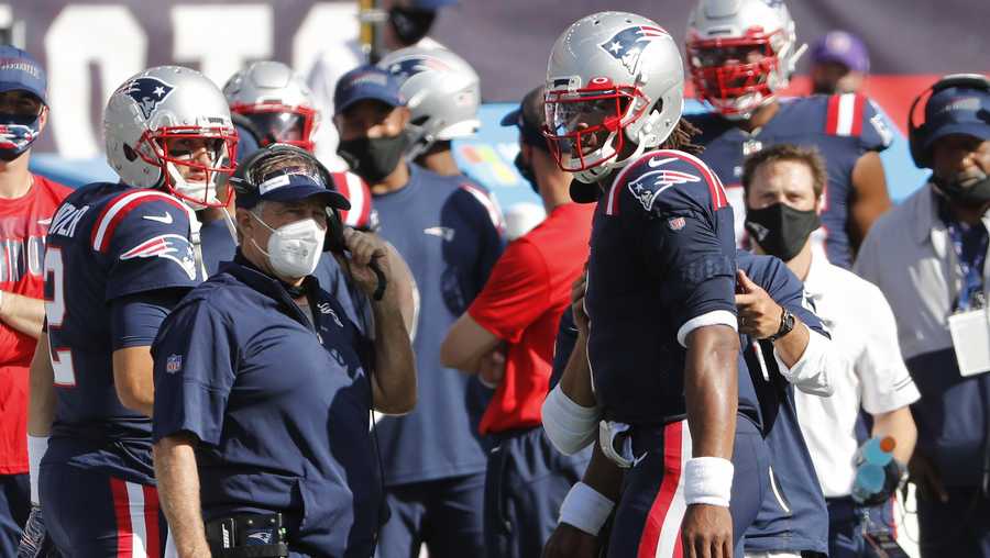 New England Patriots head coach Bill Belichick talks with quarterback Cam Newton during an NFL football game against the Miami Dolphins at Gillette Stadium, Sunday, Sept. 13, 2020 in Foxborough, Mass. (Winslow Townson/AP Images for Panini)