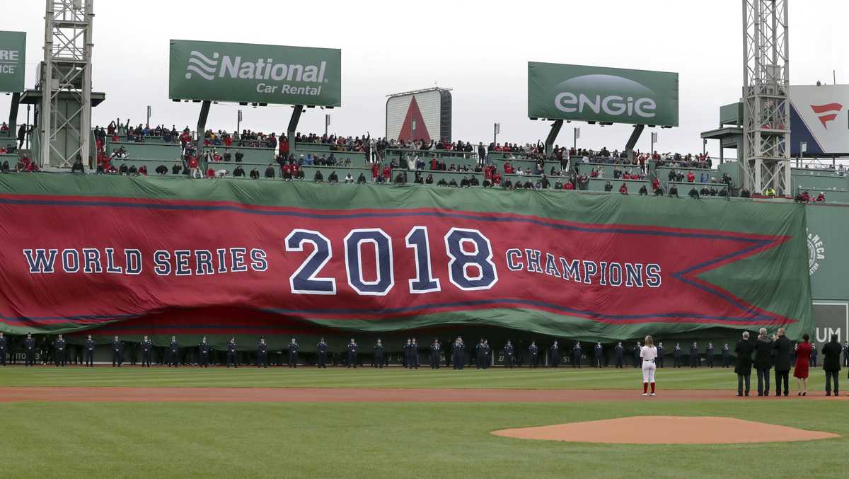 Fenway Park exterior with Red Sox championship banners on Jersey