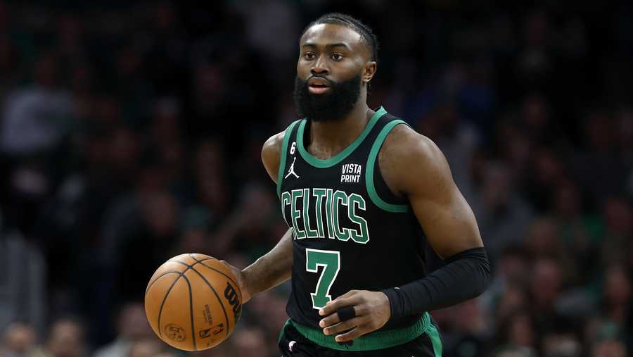Boston Celtics&apos; Jaylen Brown plays against the Phoenix Suns during the first half of an NBA basketball game, Friday, Feb. 3, 2023, in Boston. (AP Photo/Michael Dwyer)