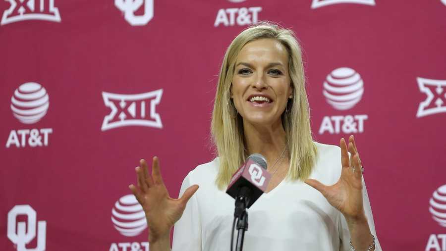 Oklahoma women's basketball coach Jennie Baranczyk speaks during her introductory press conference inside Lloyd Noble Center in Norman, Okla., Tuesday, April 13, 2021.(Bryan Terry/The Oklahoman via AP)