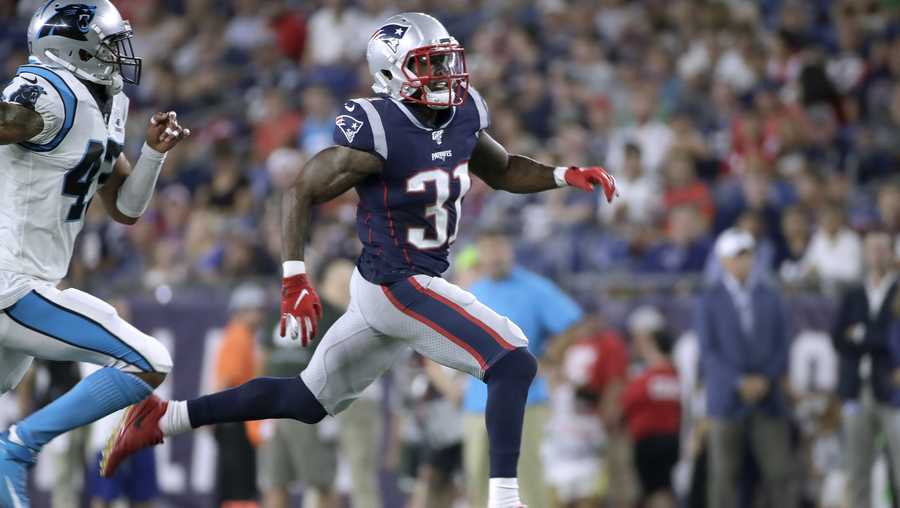 New England Patriots defensive back Jonathan Jones (31) runs down the field in the first half of an NFL preseason football game against the Carolina Panthers, Thursday, Aug. 22, 2019, in Foxborough, Mass. (AP Photo/Elise Amendola)