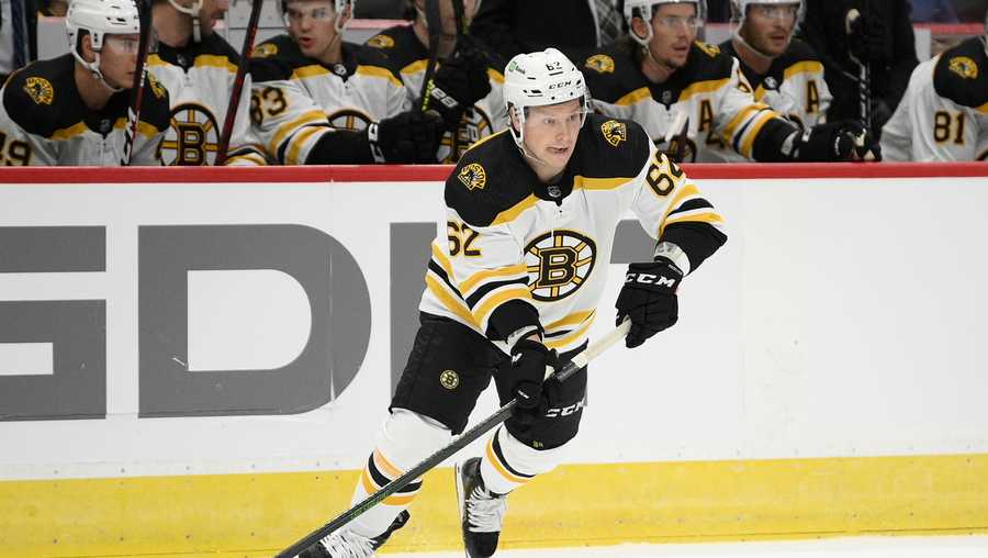 Boston Bruins center Oskar Steen skates with the puck during the first period of an NHL preseason hockey game against the Washington Capitals, Sunday, Sept. 26, 2021, in Washington. (AP Photo/Nick Wass)