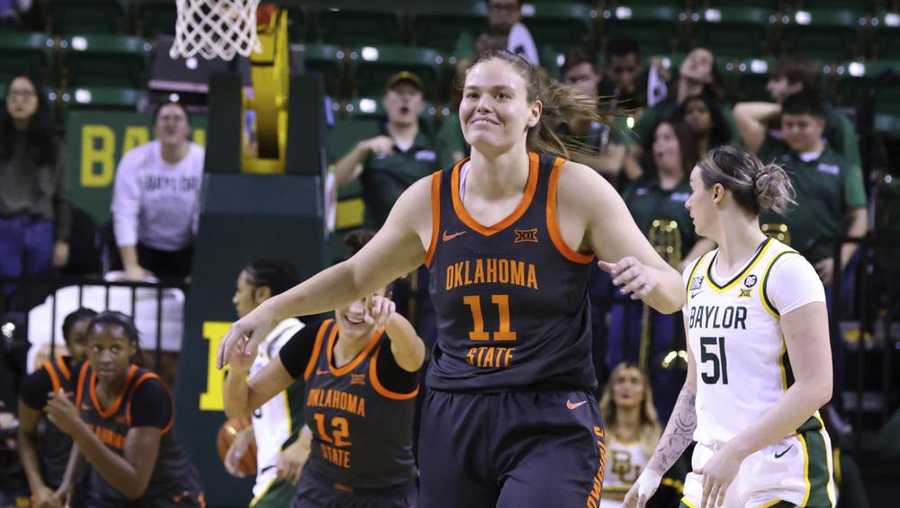 Oklahoma State forward Lior Garzon (11) reacts to her three-point basket in the second half of an NCAA college basketball game against Baylor, Wednesday, Jan. 11, 2023, in Waco, Texas. (Rod Aydelotte/Waco Tribune-Herald via AP)