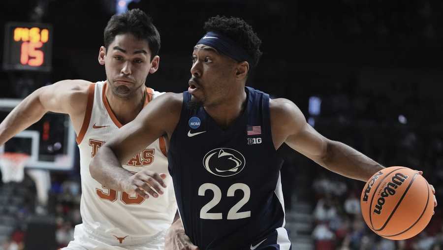 Penn State&apos;s Jalen Pickett drives past Texas&apos; Brock Cunningham during the first half of a second-round college basketball game in the NCAA Tournament Saturday, March 18, 2023, in Des Moines, Iowa. (AP Photo/Morry Gash)