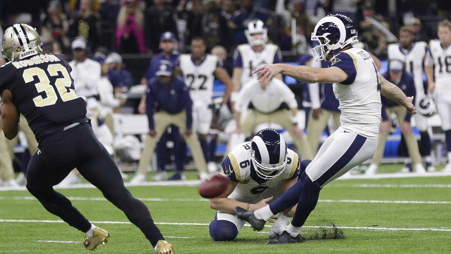 Los Angeles Rams' Greg Zuerlein makes a field goal during the second half of the NFL football NFC championship game against the New Orleans Saints, Sunday, Jan. 20, 2019, in New Orleans. (AP Photo/Gerald Herbert)