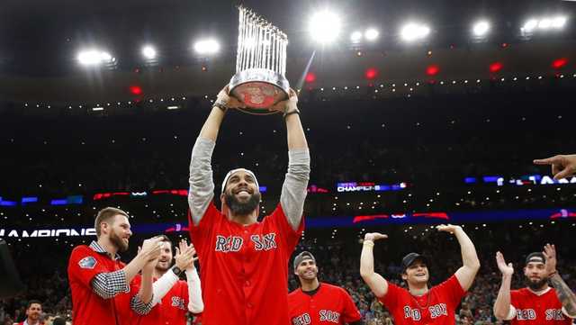 Celtics celebrate world champion Boston Red Sox on court during game