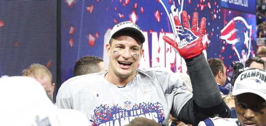 New England Patriots' Rob Gronkowski waves after the NFL Super Bowl 53 football game between the Los Angeles Rams and the New England Patriots, Sunday, Feb. 3, 2019, in Atlanta. The New England Patriots won 13-3. (AP Photo/Steve Luciano)