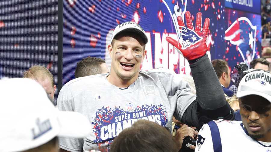 New England Patriots' Rob Gronkowski waves after the NFL Super Bowl 53 football game between the Los Angeles Rams and the New England Patriots, Sunday, Feb. 3, 2019, in Atlanta. The New England Patriots won 13-3. (AP Photo/Steve Luciano) 