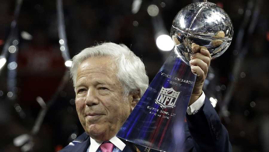 New England Patriots owner Robert Kraft holds the Vince Lombardi trophy, after the NFL Super Bowl 53 football game against the Los Angeles Rams, Sunday, Feb. 3, 2019, in Atlanta. The Patriots won 13-3. (AP Photo/Mark Humphrey)