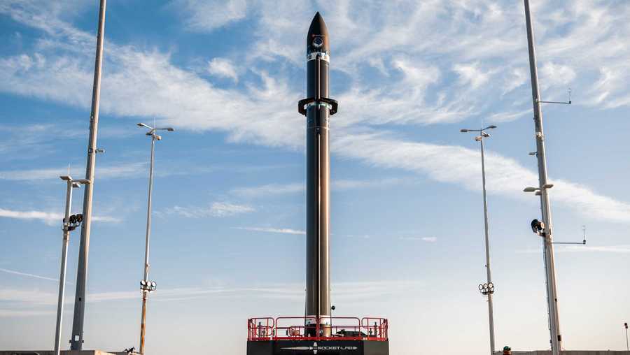 rocket lab's electron launch vehicle on the pad at launch complex 2 at virginia's mid-atlantic regional spaceport within nasa wallops flight facility.