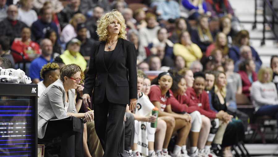 Oklahoma head coach Sherri Coale in the first half of an NCAA college basketball game, Sunday, Dec. 22, 2019, in Uncasville, Conn. (AP Photo/Jessica Hill)