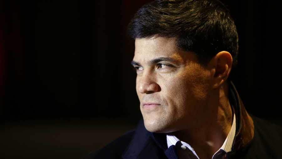 Tedy Bruschi speaks during an interview at the NFL Super Bowl XLVIII media center, Wednesday, Jan. 29, 2014, in New York.