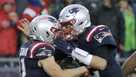 Quarterbacks Tim Tebow (5) and Tom Brady (12) of the New England Patriots  run through drills during a joint practice with the Tampa Bay Buccaneers in  Foxborough, Massachusetts, on Tuesday, August 13