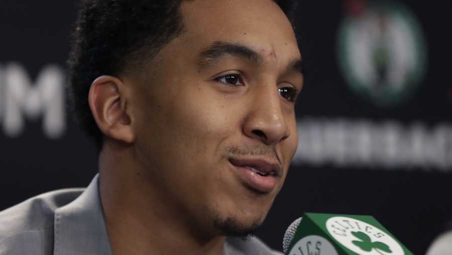 Boston Celtics 2019 NBA basketball draft player, Tremont Waters speaks during a news conference to introduce the new team players, Monday, June 24, 2019, in Boston. (AP Photo/Elise Amendola)