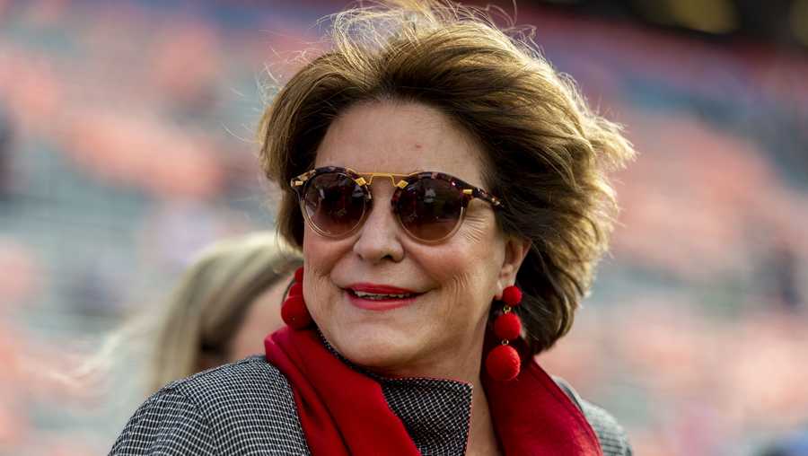 Terry Saban, wife of Alabama head coach Nick Saban, surveys the stadium on arrival before an NCAA college football game against Auburn, Saturday, Nov. 30, 2019, in Auburn, Ala. (AP Photo/Vasha Hunt)