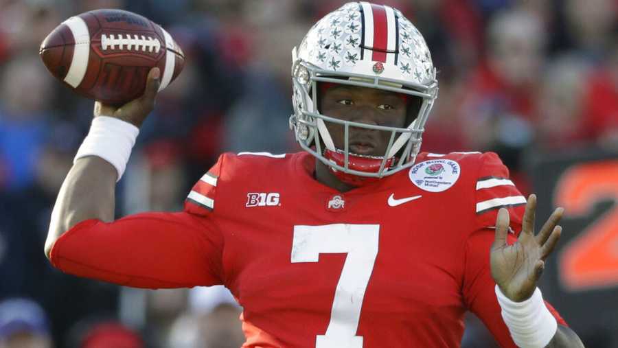 FILE - In this Jan. 1, 2019, file photo, Ohio State quarterback Dwayne Haskins passes during the first half of the Rose Bowl NCAA college football game against Washington, in Pasadena, Calif.The Washington Redskins had their sights set on Dwayne Haskins and didn’t even have to trade up to get their quarterback of the future. Washington selected the Ohio State standout with the 15th pick in the NFL draft, Thursday, April 25, 2019. (AP Photo/Jae C. Hong, File)