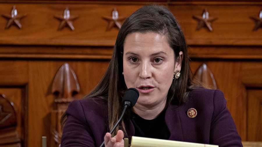 Rep. Elise Stefanik, R-N.Y., questions former White House national security aide Fiona Hill, and David Holmes, a U.S. diplomat in Ukraine, as they testify before the House Intelligence Committee on Capitol Hill in Washington, Thursday, Nov. 21, 2019, during a public impeachment hearing of President Donald Trump&apos;s efforts to tie U.S. aid for Ukraine to investigations of his political opponents. (Andrew Harrer/Pool Photo via AP)