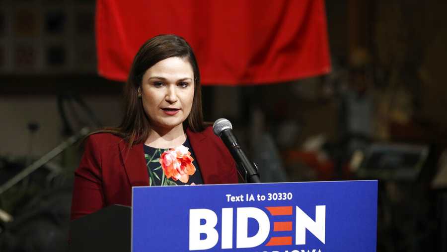 Rep. Abby Finkenauer, D-Iowa, introduces Democratic presidential candidate, former Vice President Joe Biden during a campaign event, Friday, Jan. 3, 2020, in Independence, Iowa. (AP Photo/Patrick Semansky)