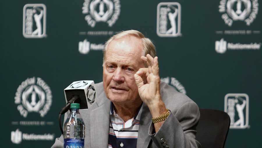 This May 30, 2017, file photo, shows Jack Nicklaus answering questions during a news conference a few days before the start of the Memorial golf tournament in Dublin, Ohio.