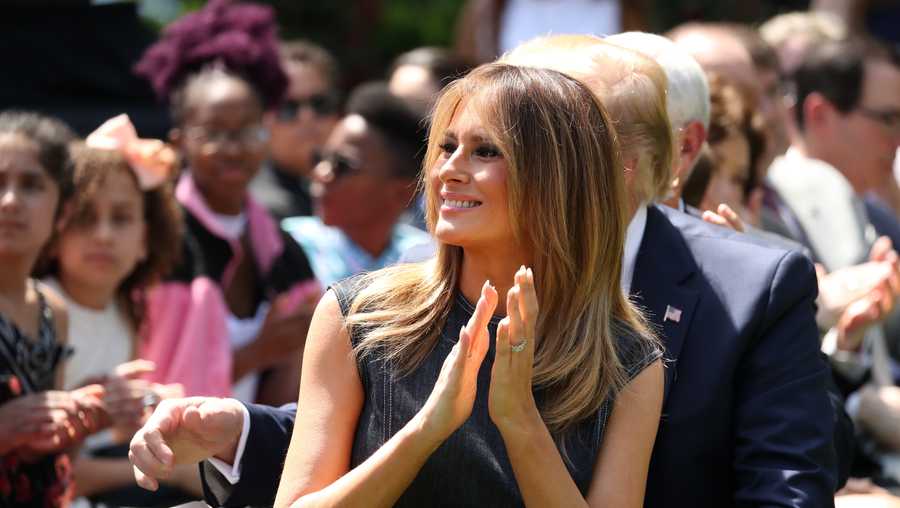 In this May 7, 2019 file photo, first lady Melania Trump attends a one year anniversary event for her Be Best initiative in the Rose Garden of the White House in Washington.