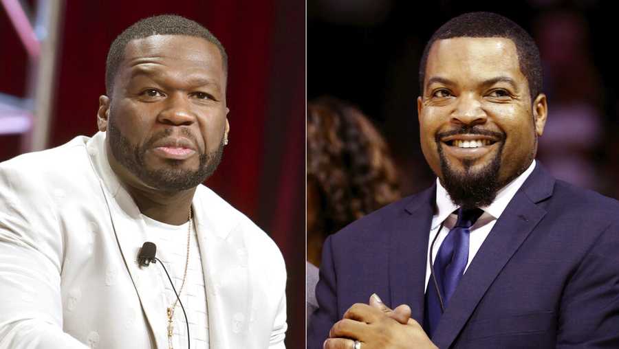 Curtis "50 Cent" Jackson participates in the Starz "Power" panel at the Television Critics Association Summer Press Tour in Beverly Hills, Calif., on July 26, 2019, left, and BIG3 League founder Ice Cube at the debut of the BIG3 Basketball League in New York on June 25, 2017. AP Photo)