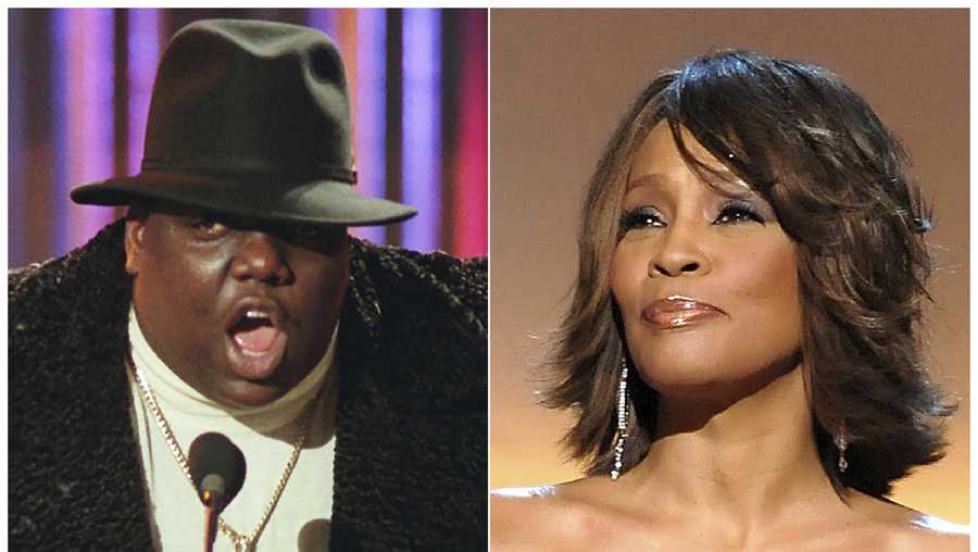 This combination photo shows Notorious B.I.G., who won rap artist and rap single of the year, during the annual Billboard Music Awards in New York on Dec. 6, 1995, left, and singer Whitney Houston at the BET Honors in Washington on Jan. 17, 2009.