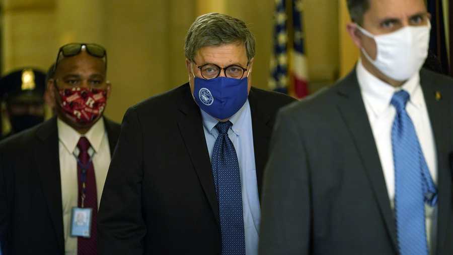Attorney General William Barr leaves the office of Senate Majority Leader Mitch McConnell of Ky., on Capitol Hill in Washington, Monday, Nov. 9, 2020.